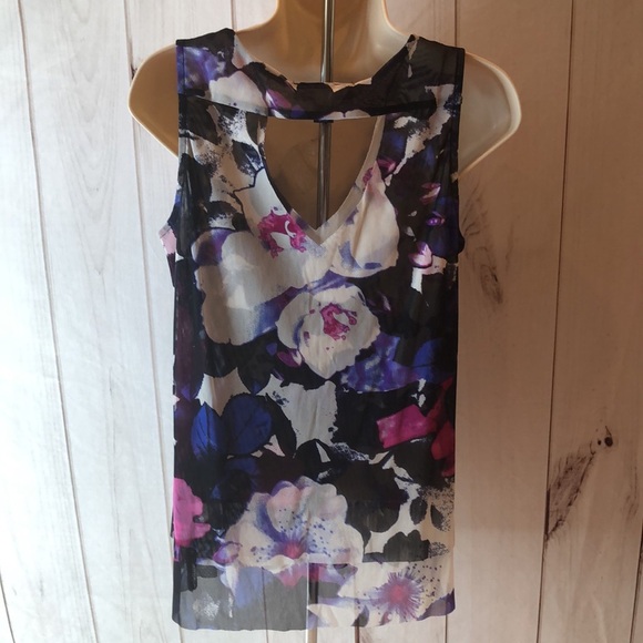 INC Floral Sheer Layered Top - Purple Blue Black Cutout Back Women's Medium - Picture 11 of 16